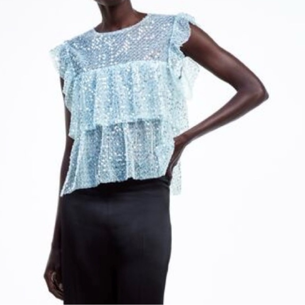 Zara Blue Sequin Sheer Tiered Ruffle Top Small